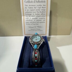 The Bradford Exchange Silver Cuff Watch with Turquoise & Red Accents, new in box